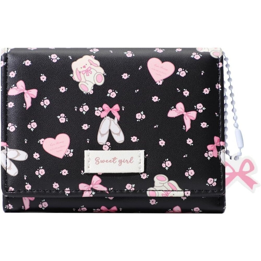🆕Women's Black Small Cute Wallets with Ballets Floral Bow Charm Card Holder ID